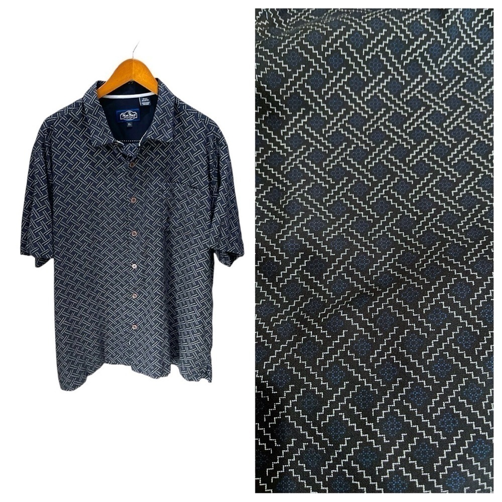 Nat Nast Silk Cotton Navy Patterned Short Sleeve Button Up Shirt SZ XL
